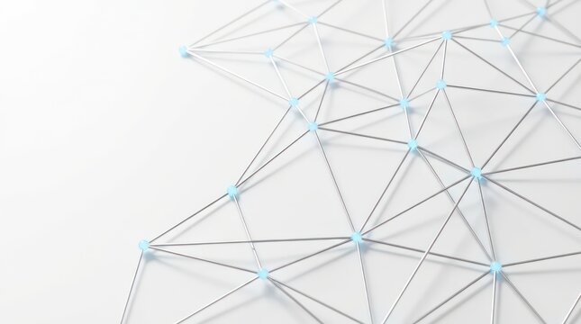 Minimal geometric network mesh background with blue nodes on white copy space for technology header banner and digital connectivity presentation design