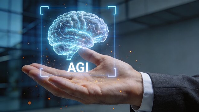 Businessman hand holding digital brain with AGI text artificial general intelligence neural network futuristic technology innovation data science machine learning AI concept