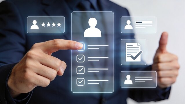 Businessman selecting customer profile on digital interface with rating identity verification document approval and user data icons for modern enterprise management solutions