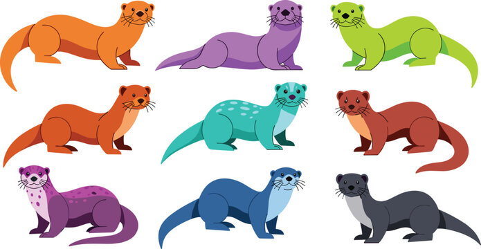 Colorful Otters Vector Set Featuring Different Poses and Patterns for Wildlife and Nature Illustrations