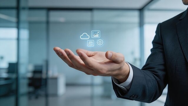 Businessman hand holding digital cloud computing icons data analytics settings and document symbols in modern office technology innovation concept corporate digital transformation