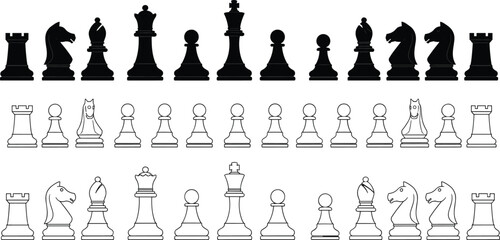Chess pieces complete collection vector, silhouette and outline board game set, classic strategy elements isolated black white illustration pack © MDRAKIB