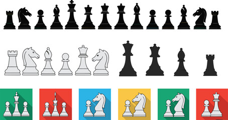 Chess pieces icons and silhouettes collection vector, black white and flat design set, strategy board game elements isolated illustration © MDRAKIB