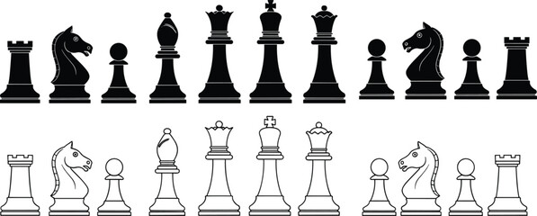 Chess pieces complete set silhouette and outline vector, black white board game icons, strategy concept classic design isolated illustration © MDRAKIB