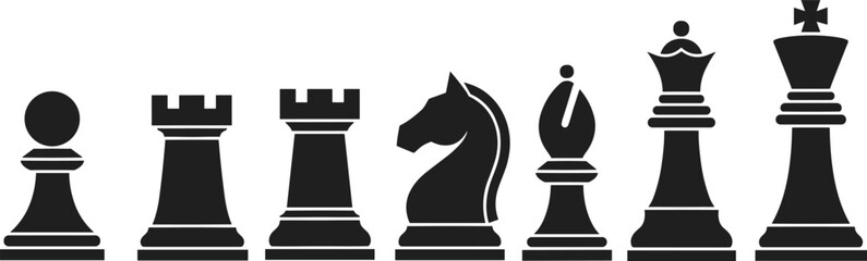 Chess pieces icons vector set, pawn rook knight bishop queen king silhouettes, classic strategy board game elements isolated design © MDRAKIB