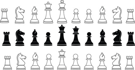 Chess pieces outline and silhouette collection vector, black white board game icons, classic strategy elements isolated clean design set © MDRAKIB