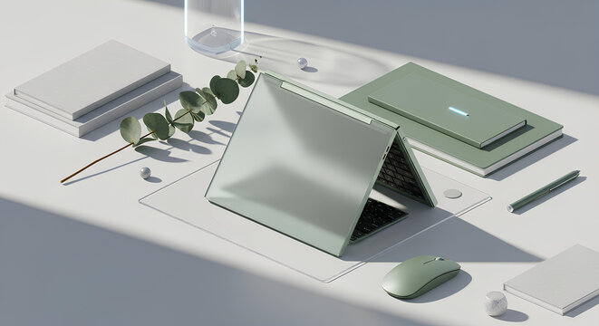 SaaS Hero Background Sage Green Foldable Laptop Isometric Desk Layout