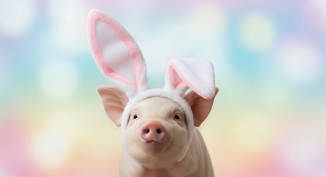 Cute piglet wearing pink bunny ears on colorful background for easter