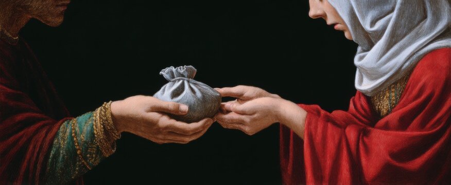 Woman gives silver coin pouch to another representing betrayal in Holy Week Christian artwork.