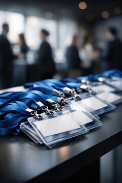 Conference badges on table.