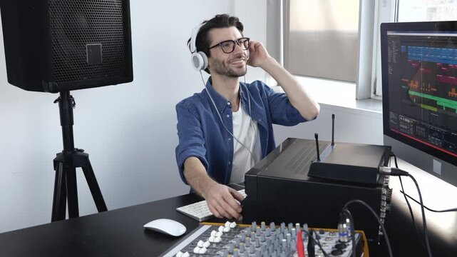 Young man in sound recording studio. Sit at table and adjusting mixing console. Working with digital screen at same time. Listening to music in headphones.
