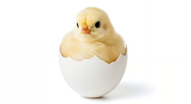 Cute little yellow chick hatching from white eggshell on isolated white background