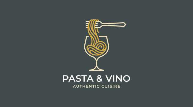 This logo artfully depicts a fork entangled in pasta inside a wine glass, illustrating a fusion of culinary elegance and the essence of authentic Italian cuisine.