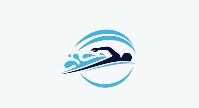 Silhouette of a swimmer in a blue circular splash graphic