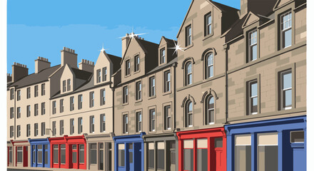 Fototapeta premium Row of traditional townhouses with colorful shops on the ground floor