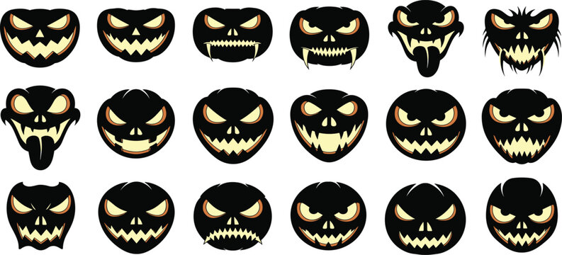 Spooky Halloween Jack O Lantern Face Silhouettes Collection with Scary Evil Grins and Sharp Vampire Teeth for Autumn Holiday Party Decor