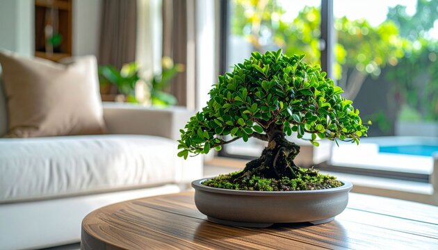 Bonsai tree on wooden table Pohon bonsai di atas meja kayu