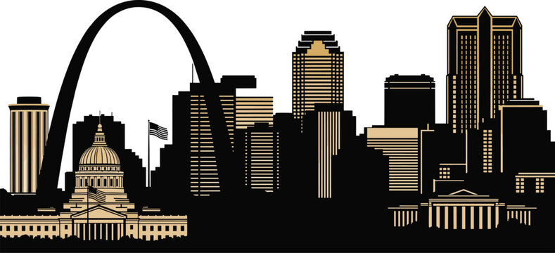 St Louis City Skyline Silhouette Featuring Gateway Arch, Old Courthouse, and Skyscrapers, Missouri Urban Landscape Vector for American Travel and Tourism