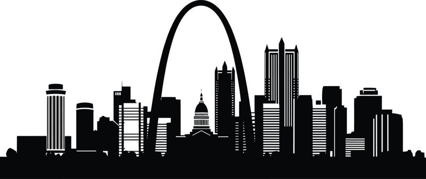 St Louis Missouri City Skyline Silhouette Featuring Gateway Arch Landmark and Urban Architecture Isolated on White Background for Professional Graphic Design