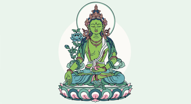 Serene green deity meditates on a lotus, holding a flower