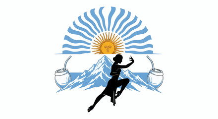 Fototapeta premium Silhouette dancer tango amidst mountains, sun, and mate cups on flag