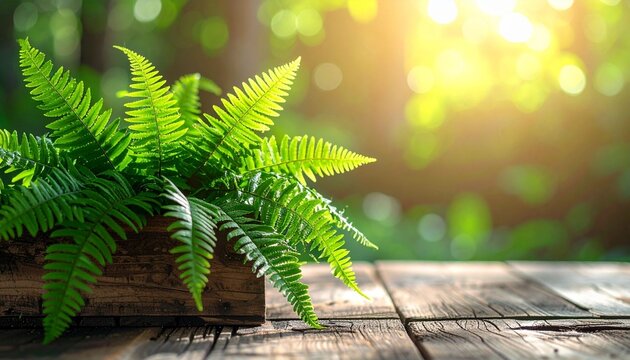 Green fernTanaman pakis hijau dalam wadah kayu plant in a wooden container