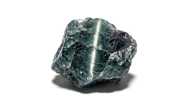 Raw rough mineral crystal with a striking cat's eye effect, showcasing a deep green-blue hue