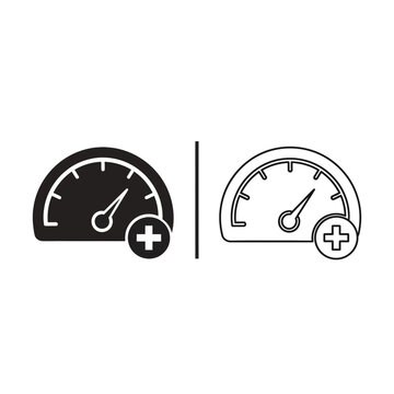 Speedometer icon with plus symbol for increase and performance gain speedometer increase analysis