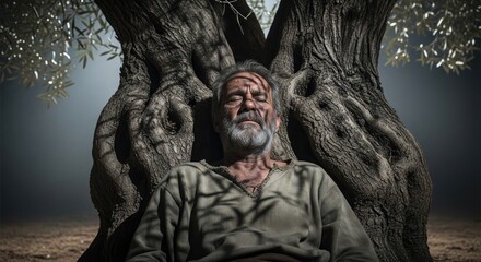 Fototapeta premium Weathered elderly man with white beard and scars rests peacefully under ancient gnarled olive trees eyes closed in tranquil contemplation embodying resilience and wisdom amidst a serene earthy
