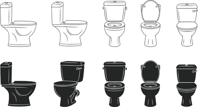 Toilet, icon, set, with, ceramic, commode, silhouettes, and, line, art, isolated, on, white, background, vector, illustration, for, bathroom, plumbing, design.