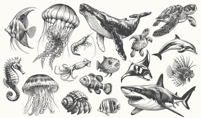 Fototapeta premium Detailed vintage engraving illustration of marine life featuring fish, jellyfish, whale, shark, turtle, and various sea creatures. Ideal for educational design, ocean themes, and decorative artwork.