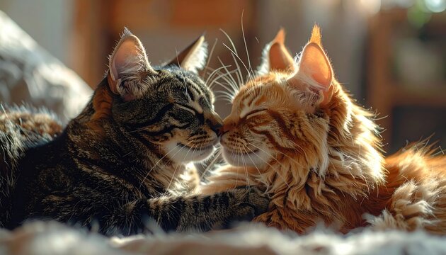 Two Maine Coon cats cuddling in warm sunlight indoors.