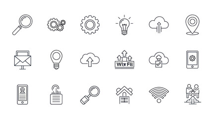 Fototapeta premium Set of 15 Digital Technology Icons: Cloud, Search, Wi-Fi, Security, Idea, Location