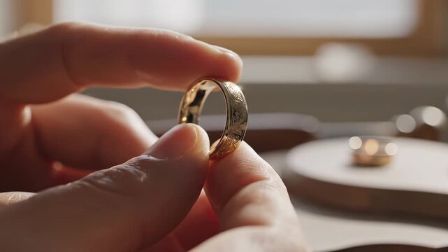 Jeweler's hands inspecting a handmade gold ring. Close-up of an artisan checking the quality of a wedding band in a workshop. Craftsmanship concept