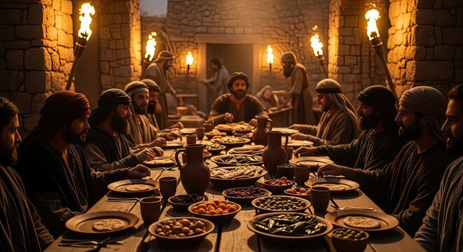 Ancient middle eastern communal dinner scene with jesus christ and disciples gathered around a long wooden table laden with food illuminated by flickering torchlight fostering a profound sense