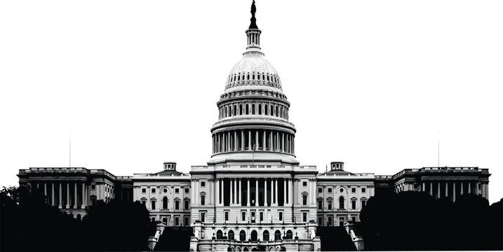 United States Capitol building in Washington DC with dome and neoclassical architecture isolated on white background for American government politics design.