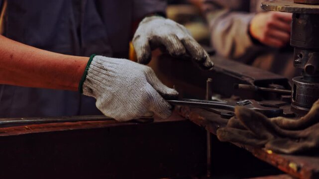 Dedicated factory worker with protective glove on hand operating heavy metal machine using careful concentration during diligent industrial manufacturing process producing mechanical components