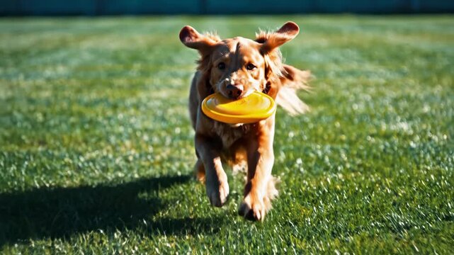 Happy dog runs with frisbee in mouth