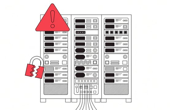 Flat vector illustration of a server rack with a red warning triangle and a broken padlock on a white background, representing a security breach or data vulnerability.