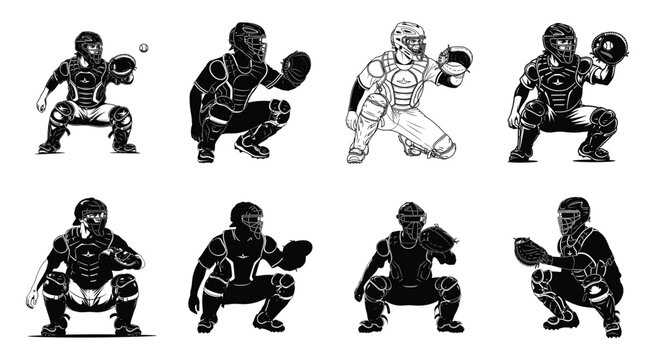 Set of eight baseball catcher illustrations in various crouching poses featuring detailed protective gear and mitts