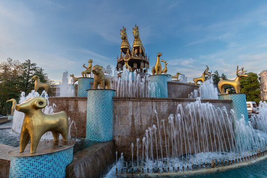 The Colchis Fountain on the central square of Kutaisi at sunset, Georgia