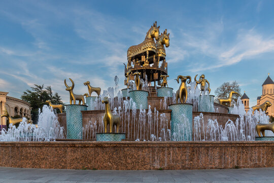 The Colchis Fountain on the central square of Kutaisi at sunset, Georgia