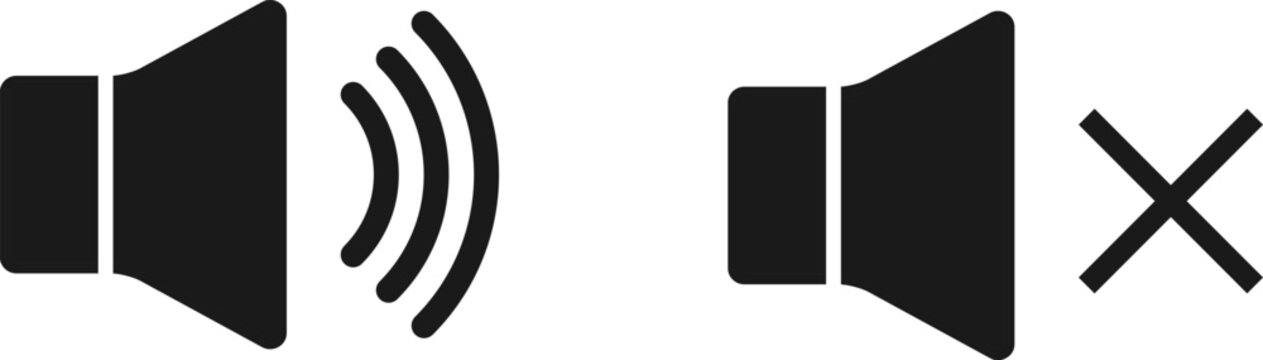 Vector set of speaker icons with sound waves and mute sign for audio interface design