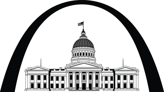 Vector illustration of the iconic St. Louis Gateway Arch framing the historic Old Courthouse dome under a waving American flag.