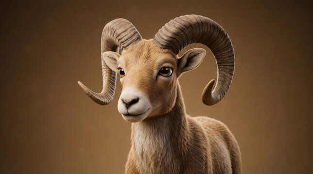 Detailed portrait of a ram with curved horns on clean background, emphasizing strength, texture, and animal features.