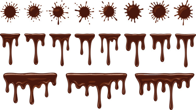 Vector illustration set of chocolate melt drips and brown liquid splashes, cocoa syrup drops, sweet sauce leaks, isolated on white,