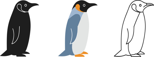 Vector Illustration Set of King Penguin in Three Styles Including Full Color Black Silhouette and Hand Drawn Line Art Sketches © Mdjoshel 