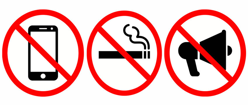This image features three distinct symbols clearly indicating the prohibition of mobile phones, smoking, and loud noises, promoting a quiet and respectful environment in visual form.
