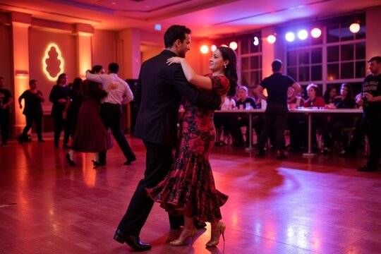 Minority Couple Stunningly Performing Traditional Argentinean Milonga at Festival Ballroom Amid Vibrant Lights