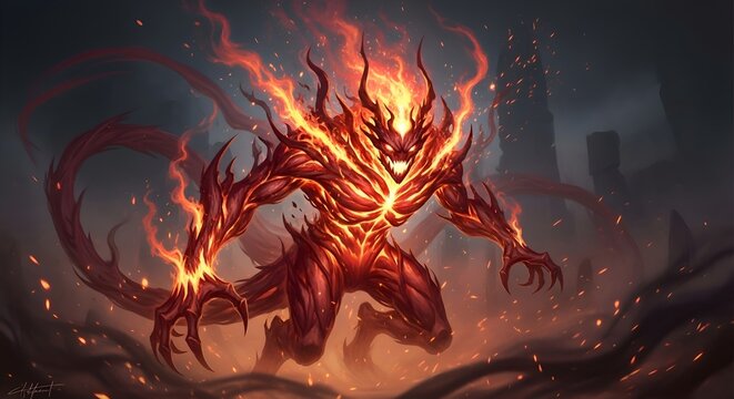 Fiery Demon Monster with Glowing Eyes and Horns, Dark Fantasy Art